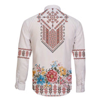 Romania Happy Martisor Day 1 March Long Sleeve Button Shirt Martenitsa and Peony Romanian Traditional Pattern