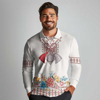 Romania Happy Martisor Day 1 March Long Sleeve Polo Shirt Martenitsa and Peony Romanian Traditional Pattern
