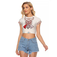 Romania Happy Martisor Day 1 March Raglan Cropped T Shirt Martenitsa and Peony Romanian Traditional Pattern