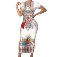 Romania Happy Martisor Day 1 March Short Sleeve Bodycon Dress Martenitsa and Peony Romanian Traditional Pattern