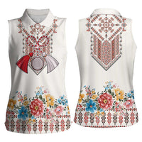 Romania Happy Martisor Day 1 March Women Sleeveless Polo Shirt Martenitsa and Peony Romanian Traditional Pattern