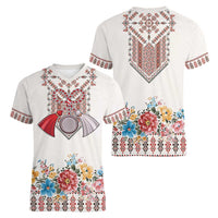 Romania Happy Martisor Day 1 March Women V-Neck T-Shirt Martenitsa and Peony Romanian Traditional Pattern