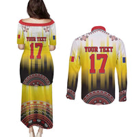 Custom Romania Football Go Champions Couples Matching Puletasi and Long Sleeve Button Shirt Romanian Traditional Patern