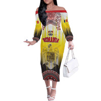 Custom Romania Football Go Champions Off The Shoulder Long Sleeve Dress Romanian Traditional Patern
