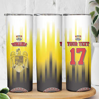 Custom Romania Football Go Champions Skinny Tumbler Sporty Style with Romanian Traditional Patern