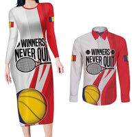 Custom Romania Tennis Winners Never Quit Couples Matching Long Sleeve Bodycon Dress and Long Sleeve Button Shirt Sporty Style