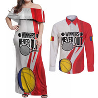 Custom Romania Tennis Winners Never Quit Couples Matching Off Shoulder Maxi Dress and Long Sleeve Button Shirt Sporty Style