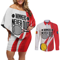 Custom Romania Tennis Winners Never Quit Couples Matching Off Shoulder Short Dress and Long Sleeve Button Shirt Sporty Style