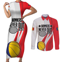 Custom Romania Tennis Winners Never Quit Couples Matching Short Sleeve Bodycon Dress and Long Sleeve Button Shirt Sporty Style