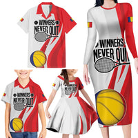 Custom Romania Tennis Winners Never Quit Family Matching Long Sleeve Bodycon Dress and Hawaiian Shirt Sporty Style