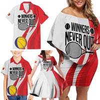 Custom Romania Tennis Winners Never Quit Family Matching Off Shoulder Short Dress and Hawaiian Shirt Sporty Style