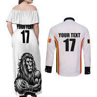 Custom Belgium Basketball Couples Matching Off Shoulder Maxi Dress and Long Sleeve Button Shirt Lion Mascot Sporty Style