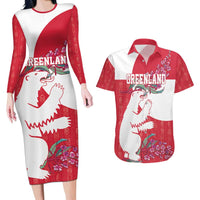Greenland Flag Style Couples Matching Long Sleeve Bodycon Dress and Hawaiian Shirt Polar Pear