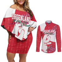 Greenland Flag Style Couples Matching Off Shoulder Short Dress and Long Sleeve Button Shirt Polar Pear