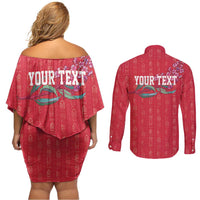 Greenland Flag Style Couples Matching Off Shoulder Short Dress and Long Sleeve Button Shirt Polar Pear