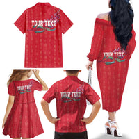 Greenland Flag Style Family Matching Off The Shoulder Long Sleeve Dress and Hawaiian Shirt Polar Pear