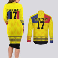 Custom Romania Rugby Go Champions Couples Matching Long Sleeve Bodycon Dress and Long Sleeve Button Shirt Romanian Traditional Patern