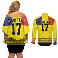 Custom Romania Rugby Go Champions Couples Matching Off Shoulder Short Dress and Long Sleeve Button Shirt Romanian Traditional Patern