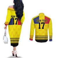 Custom Romania Rugby Go Champions Couples Matching Off The Shoulder Long Sleeve Dress and Long Sleeve Button Shirt Romanian Traditional Patern