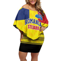 Custom Romania Rugby Go Champions Family Matching Off Shoulder Short Dress and Hawaiian Shirt Romanian Traditional Patern