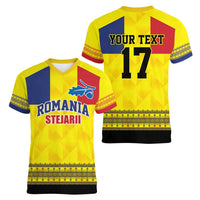 Custom Romania Rugby Go Champions Women V-Neck T-Shirt Romanian Traditional Patern