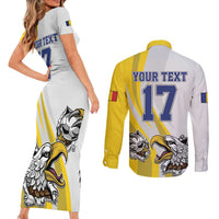 Custom Romania Football With Eagle Mascot Couples Matching Short Sleeve Bodycon Dress and Long Sleeve Button Shirt Sporty Style