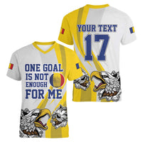 Custom Romania Football With Eagle Mascot Women V-Neck T-Shirt Sporty Style