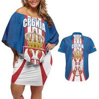 Personalized Serbia Coat of Arms Couples Matching Off Shoulder Short Dress and Hawaiian Shirt The Serbian Eagle and Serbian cross