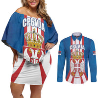 Personalized Serbia Coat of Arms Couples Matching Off Shoulder Short Dress and Long Sleeve Button Shirt The Serbian Eagle and Serbian cross