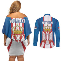 Personalized Serbia Coat of Arms Couples Matching Off Shoulder Short Dress and Long Sleeve Button Shirt The Serbian Eagle and Serbian cross