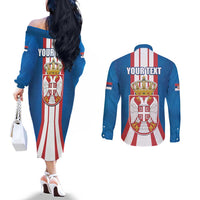 Personalized Serbia Coat of Arms Couples Matching Off The Shoulder Long Sleeve Dress and Long Sleeve Button Shirt The Serbian Eagle and Serbian cross