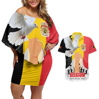 Belgian National Day Couples Matching Off Shoulder Short Dress and Hawaiian Shirt 21th July Flag with Dove
