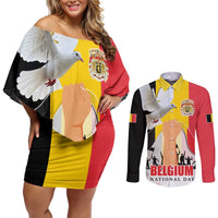 Belgian National Day Couples Matching Off Shoulder Short Dress and Long Sleeve Button Shirt 21th July Flag with Dove