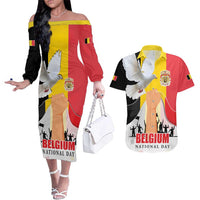 Belgian National Day Couples Matching Off The Shoulder Long Sleeve Dress and Hawaiian Shirt 21th July Flag with Dove