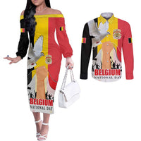 Belgian National Day Couples Matching Off The Shoulder Long Sleeve Dress and Long Sleeve Button Shirt 21th July Flag with Dove