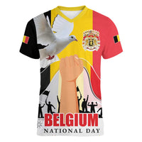 Belgian National Day Women V-Neck T-Shirt 21th July Flag with Dove