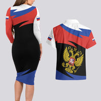 Russia Coat of Arms Couples Matching Long Sleeve Bodycon Dress and Hawaiian Shirt Russian Eagle Two Heads Simple Style