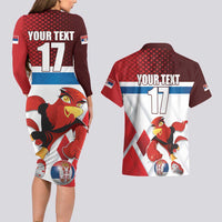 Custom Serbia Football Couples Matching Long Sleeve Bodycon Dress and Hawaiian Shirt Sporty Style with Eagle Mascot