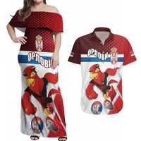 Custom Serbia Football Couples Matching Off Shoulder Maxi Dress and Hawaiian Shirt Sporty Style with Eagle Mascot