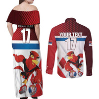 Custom Serbia Football Couples Matching Off Shoulder Maxi Dress and Long Sleeve Button Shirt Sporty Style with Eagle Mascot