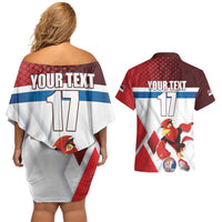 Custom Serbia Football Couples Matching Off Shoulder Short Dress and Hawaiian Shirt Sporty Style with Eagle Mascot