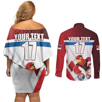 Custom Serbia Football Couples Matching Off Shoulder Short Dress and Long Sleeve Button Shirt Sporty Style with Eagle Mascot
