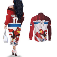 Custom Serbia Football Couples Matching Off The Shoulder Long Sleeve Dress and Long Sleeve Button Shirt Sporty Style with Eagle Mascot