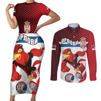 Custom Serbia Football Couples Matching Short Sleeve Bodycon Dress and Long Sleeve Button Shirt Sporty Style with Eagle Mascot