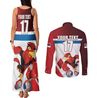 Custom Serbia Football Couples Matching Tank Maxi Dress and Long Sleeve Button Shirt Sporty Style with Eagle Mascot