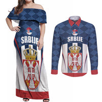 Custom Serbia Basketball Champions Couples Matching Off Shoulder Maxi Dress and Long Sleeve Button Shirt Sporty Style with Coat of Arms