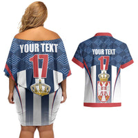 Custom Serbia Basketball Champions Couples Matching Off Shoulder Short Dress and Hawaiian Shirt Sporty Style with Coat of Arms