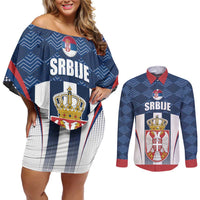Custom Serbia Basketball Champions Couples Matching Off Shoulder Short Dress and Long Sleeve Button Shirt Sporty Style with Coat of Arms