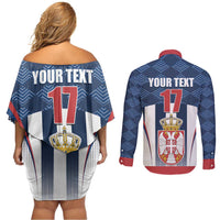 Custom Serbia Basketball Champions Couples Matching Off Shoulder Short Dress and Long Sleeve Button Shirt Sporty Style with Coat of Arms