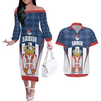 Custom Serbia Basketball Champions Couples Matching Off The Shoulder Long Sleeve Dress and Hawaiian Shirt Sporty Style with Coat of Arms